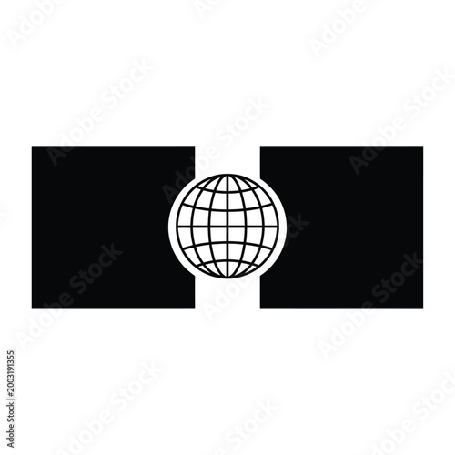 Minimalist globe centered between two solid black rectangles on a white background