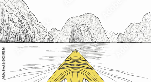 View from a yellow kayak navigating calm waters towards towering, craggy islands