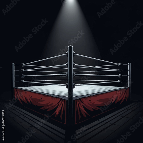 Professional boxing ring with red corner posts and spotlight