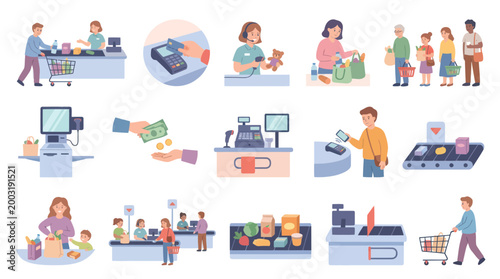Flat Design Vector Icons of Grocery Store Checkout and Shopping