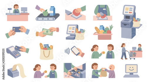 Flat Style Icons: Grocery Shopping, Payment Methods, and Retail Transactions