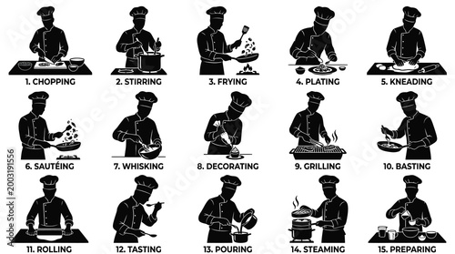 Chef Cooking Icons Set: Food Preparation Steps in Black and White Vector Art