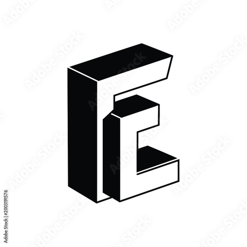 Isometric letter e in bold black and white style