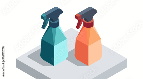 A visually striking illustration showing two colorful spray bottles next to each other, showcasing modern cleaning solutions in vibrant colors and geometric design.