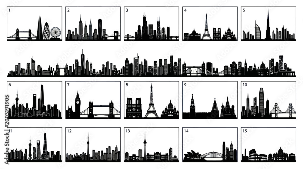 Fototapeta premium Black and White Skyline Silhouettes: Iconic City Landmarks, Vector Art