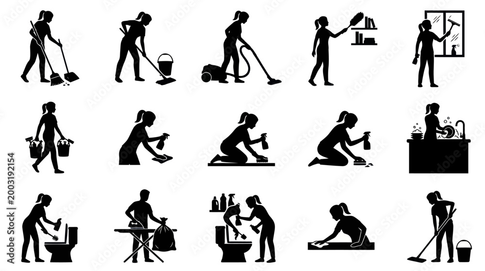 Fototapeta premium Black and white glyph icons of people cleaning various household items