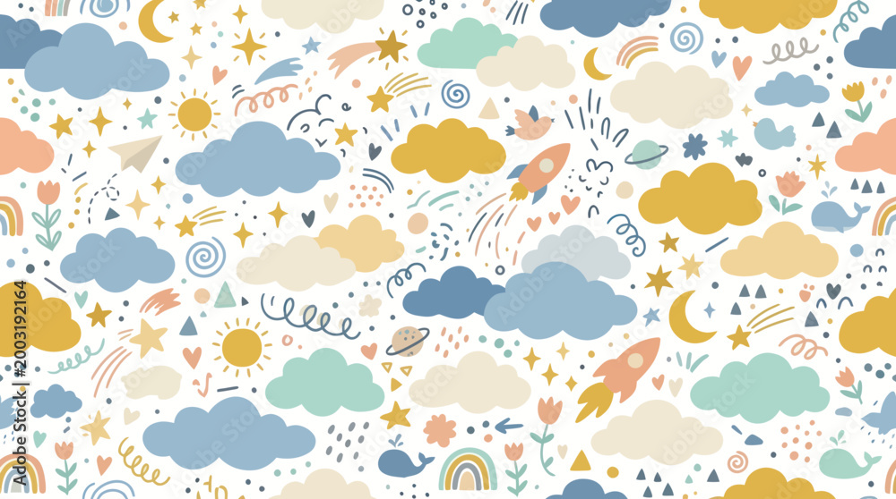 Obraz premium Children's Nursery Seamless Pattern: Cute Hand-Drawn Clouds, Stars, Rockets Celestial Elements