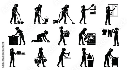 Domestic Housekeeping Cleaning Chores Woman Activities Silhouette Icon Set