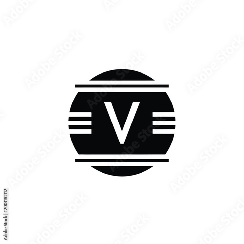 Letter v with horizontal lines inside a black circle on white
