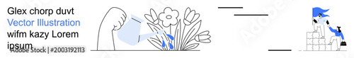 Gardening, sustainability, teamwork, environmental care, growth, creativity. A hand waters flowers while a figure sits on blocks. Gardening and sustainability highlight growth and environmental care