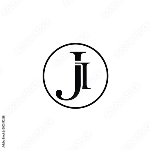 Circular monogram featuring intertwined letters j and i in a serif typography style