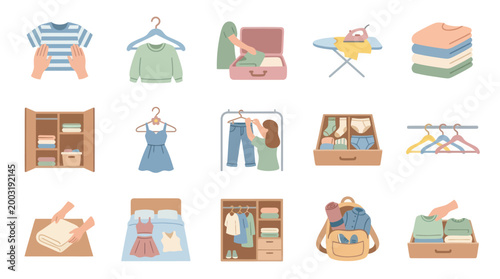 Lifestyle Flat Vector Icons Set: Clothing Care, Organization, Laundry, Packing Garments