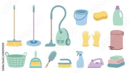 Flat Design Cleaning Supplies Vector Set - Broom, Mop, Vacuum, Bucket, Gloves
