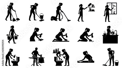 Black and white glyph icons of people cleaning various household items