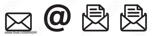 Mail and internet communication symbol set with envelope at sign and document message for business.