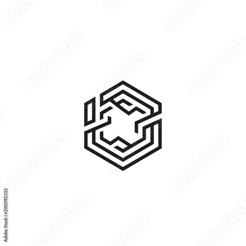 Abstract hexagonal geometric symbol with interlocking lines in black on white background