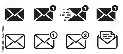 Electronic mail envelope icons with number notifications and document inserts for communication apps.