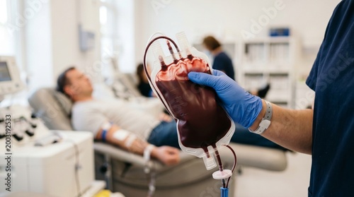 A medical professional in blue gloves holding a full bag of donated blood in a clinic setting with a donor in the background