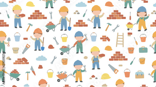 Construction Workers Seamless Pattern Flat Art Vector - Building Industry Elements