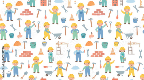 Cute Construction Kids Seamless Pattern: Flat Vector Illustration of Little Builders and Tools