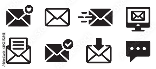 Set of eight email and message icons, solid black fill with transparent background ready for use.