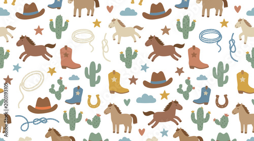 Seamless Cowboy Pattern: Horses, Boots, Cacti, Hats  Stars