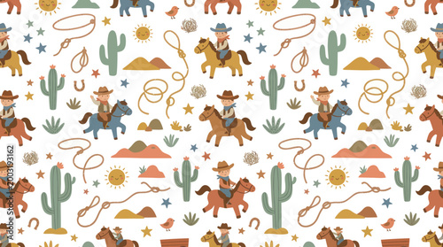 Cute Cowboy and Cactus Western Pattern Seamless Background