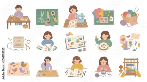 Crafts: Kids Doing Various Hobbies, Flat Vector Illustration