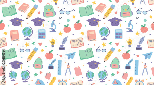Education School Supplies Flat Seamless Pattern Background with Learning Symbols