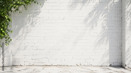 White Brick Wall With Green Leaves For Background And Texture