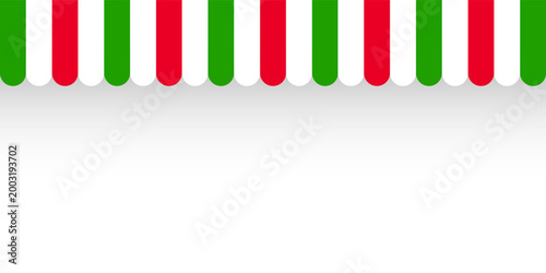 Shop sunshade. Realistic striped cafe awning. Outdoor market tent. Roof canopy in Italian flag colors. Summer street store. Vector illustration