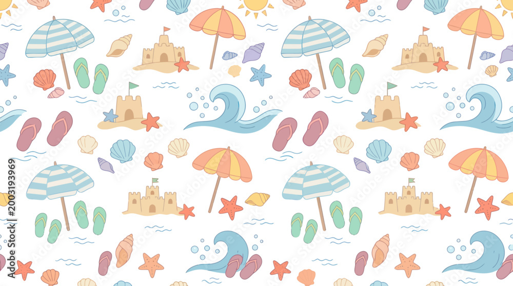 Obraz premium Summer beach seamless pattern: umbrellas, sandcastles, waves, flip-flops, shells