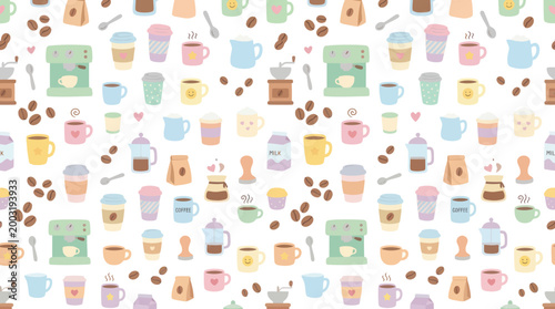 Cute Coffee Pattern with Machines, Cups, Beans, Pastries, Vector Art