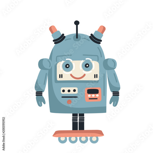 A cartoon blue retro robot character with an antenna on his head. Flat style hand-drawn illustration.