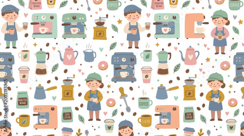 Cute Coffee Pattern with Barista Kids and Machines, Flat Vector Art