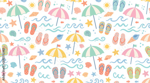Seamless Summer Beach Pattern: Umbrellas, Flip-Flops, Seashells, Flat Vector