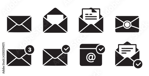 Email notification icons collection featuring various envelope states message alerts and checkmarks.