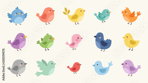 Adorable Flat Style Cartoon Birds Illustration, Vector Art