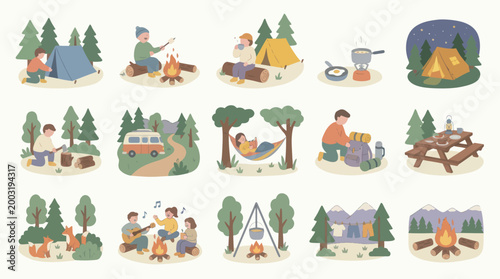 Flat Camping Illustrations Set. Cute Cartoon Outdoor Activities, Campfire, Tents, Nature People