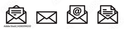 Outline email icons pack showing mail envelopes with letter content and electronic address symbols.