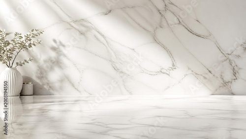 Minimalist White Marble Background With Vase And Flowers For Design And Decor