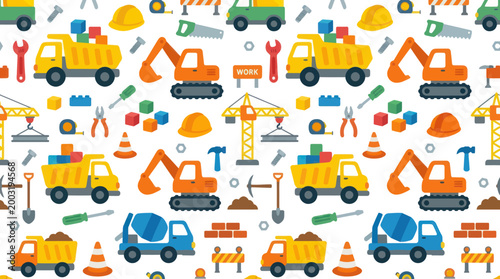Seamless Pattern of Flat Style Construction Vehicles and Tools