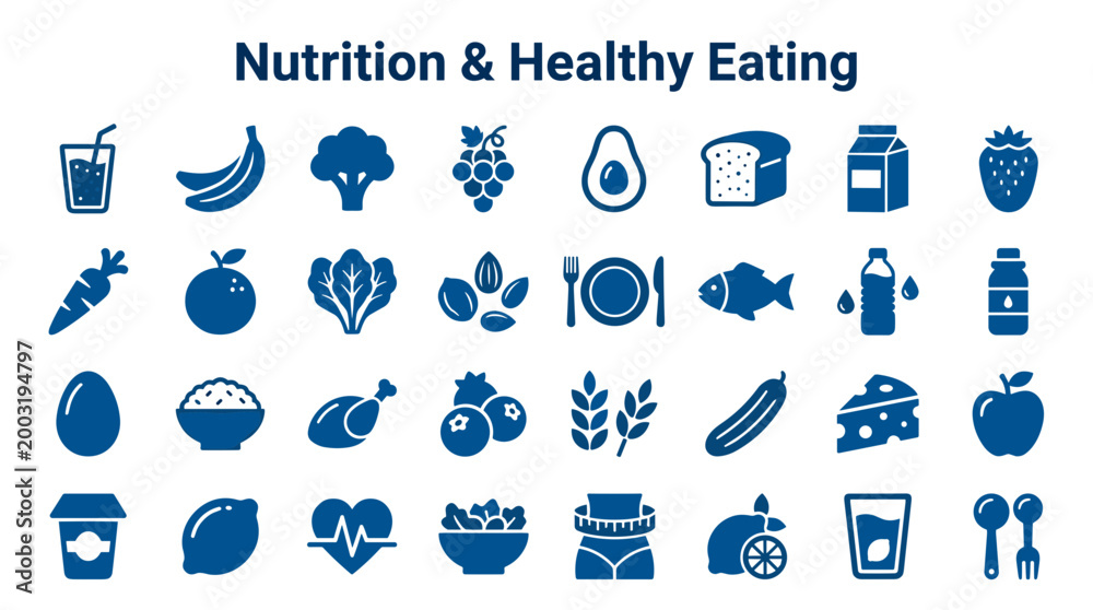 Fototapeta premium Nutrition and healthy eating icons representing a balanced diet with fruits vegetables protein and dairy for wellness and fitness