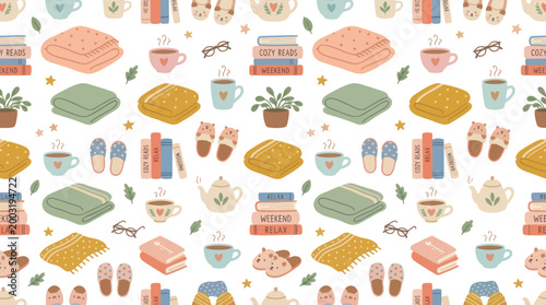 Cozy Reading Seamless Pattern: Blankets, Books, Tea, Slippers, Plants