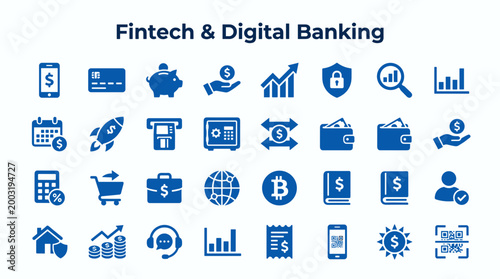 Fintech and digital banking icons set representing financial technology services mobile payments cryptocurrency and online transactions