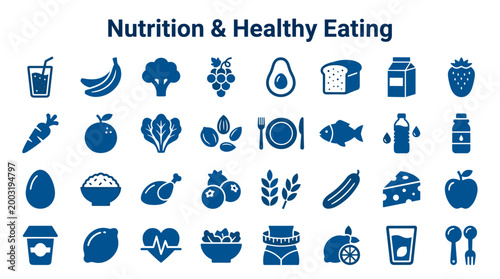 Nutrition and healthy eating icons representing a balanced diet with fruits vegetables protein and dairy for wellness and fitness