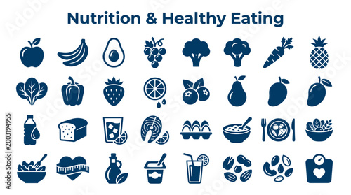 Healthy eating icons representing nutrition and wellness with fresh fruits vegetables and food items for a balanced diet concept