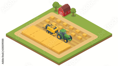 An idyllic farming landscape showcases a tractor working amidst golden hay bales, portraying agricultural life, productivity, and rural charm in an outdoor setting.