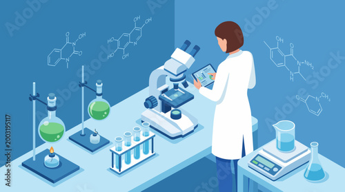 A scientist in a lab coat examines samples with high-tech equipment, representing the essence of scientific research, experimentation, and the quest for knowledge in a laboratory setting.