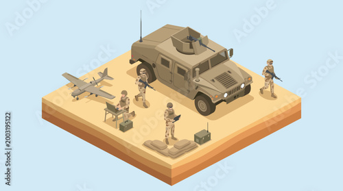 This isometric illustration depicts a military base in a desert terrain featuring soldiers, vehicles, and equipment, symbolizing defense and tactical operations in challenging conditions.